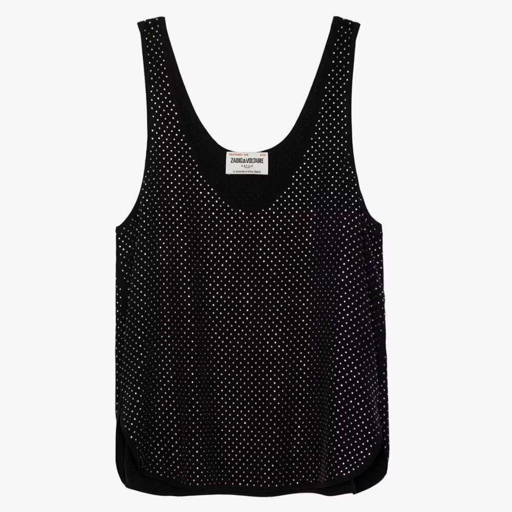 Zadig & Voltaire Carys Rhinestone Embellished Silk Cocktail Black Tank Top Blous